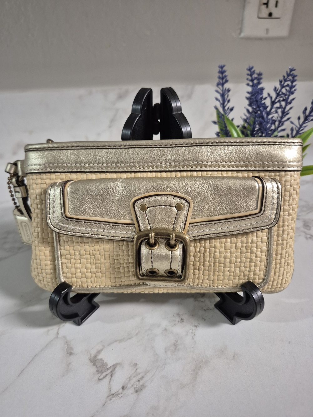 VTG Coach Woven Straw and Metallic Trim Wristlet Y2k - Beige / Gold